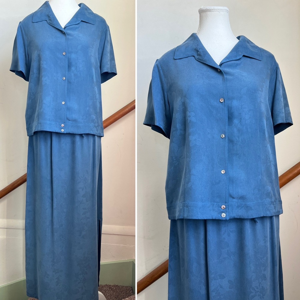 Vintage 90s Silk Skirt Set Blue Floral Jacquard Maxi Camp Shirt 2 Piece Set Prep